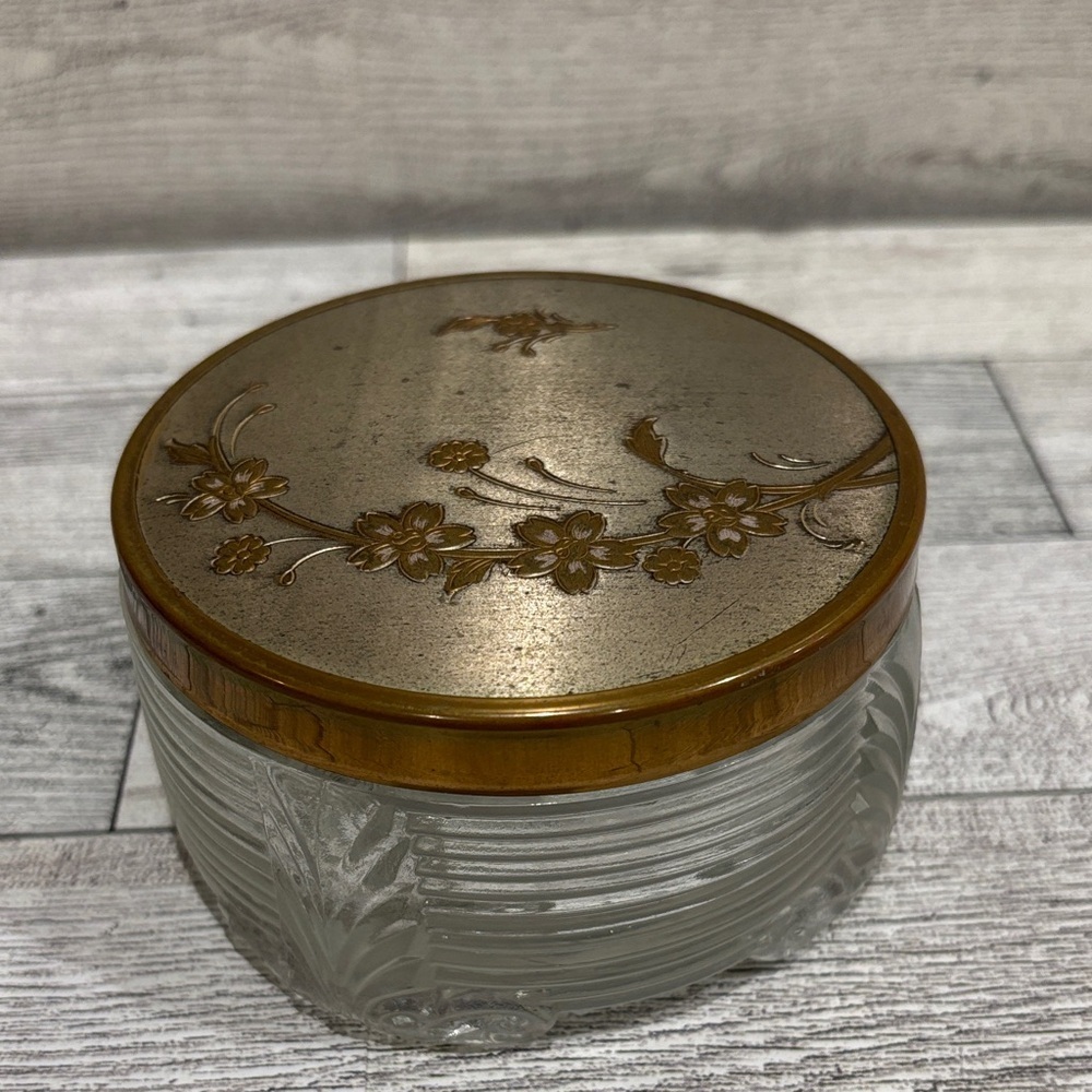 Vintage Glass Jar with Gold Floral Lid